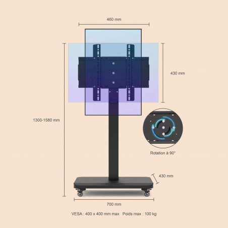 Pied mobile noir pour écran publicitaire de 32 à 65 pouces